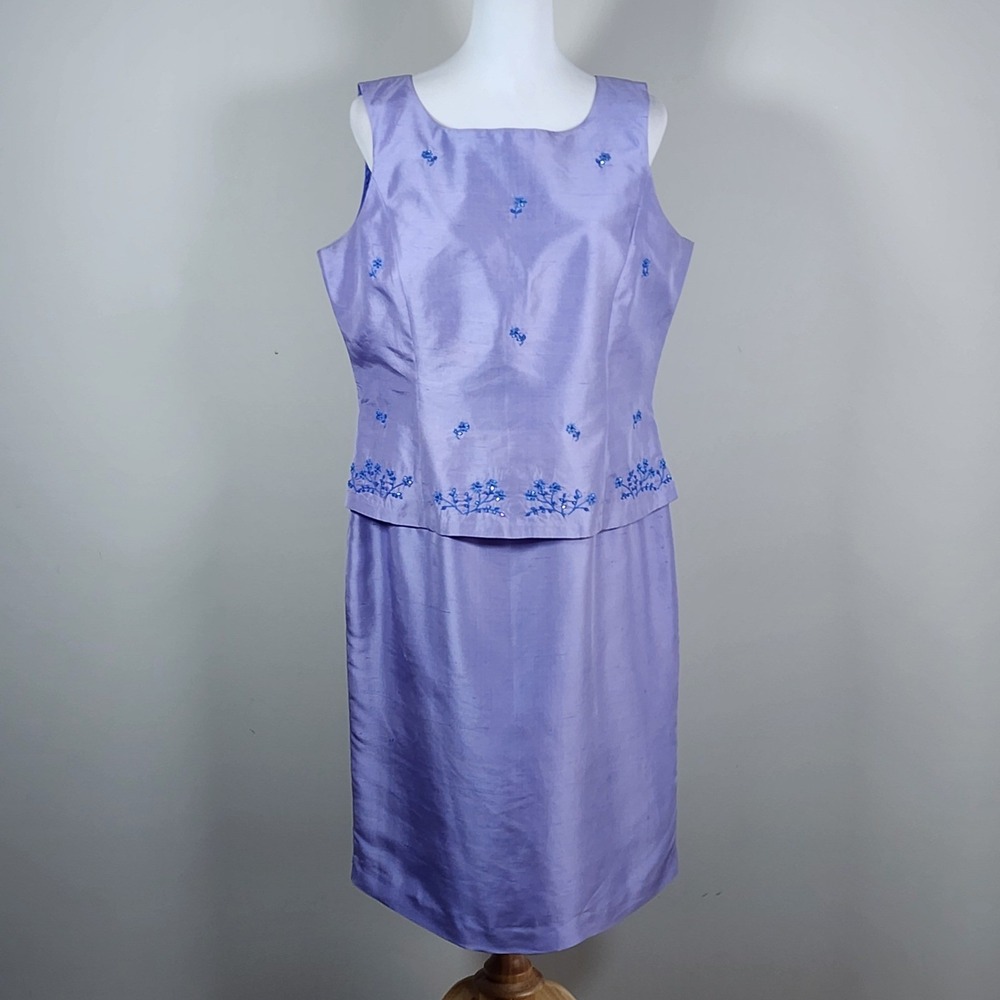 90s Silk Beaded Sheath Dress Womens 12 Purple Embroidered Floral Formal Event